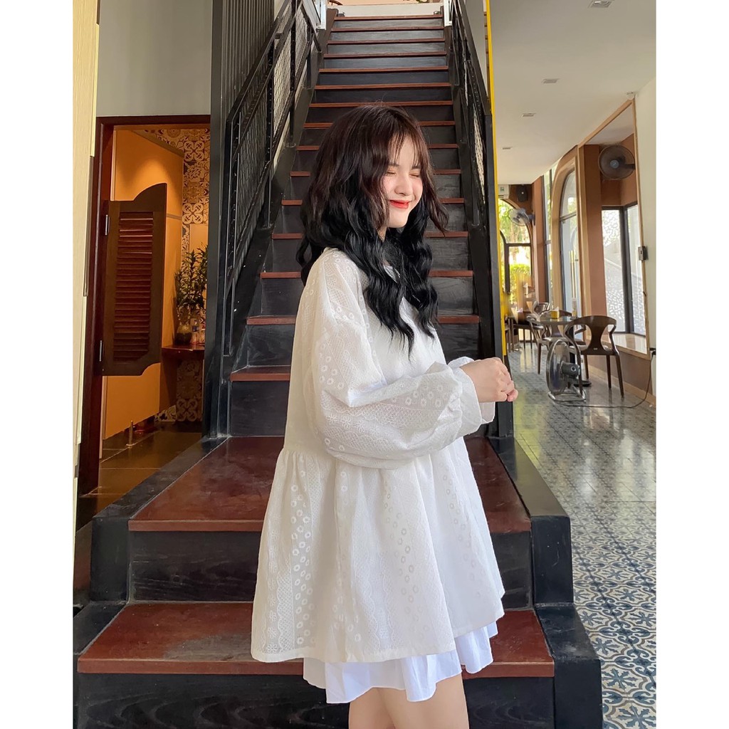 Áo babydoll hoa trắng nhí sọc madebymint