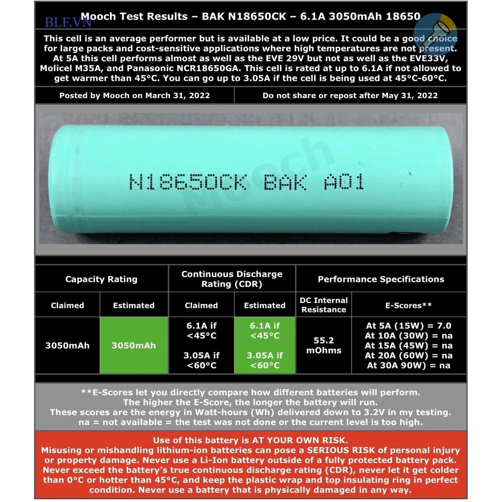 Pin sạc BAK 18650 3050mAh 2C 6.1A N18650CK lion li-ion 3.6v 3.7v 4.2v
