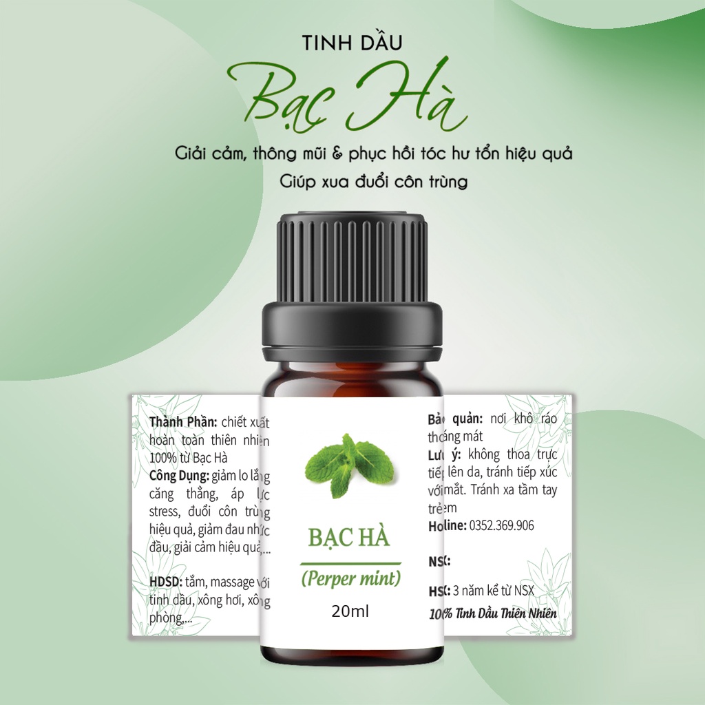 Tinh dầu Bạc Hà nguyên chất 20ml, đuổi muỗi, côn trùng, khử mùi, thơm phòng, treo xe.