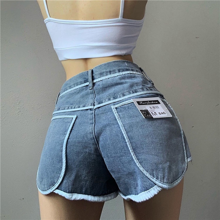 Quần Short Denim Lưng Cao Dáng Rộng Phối Màu Tương Phản Thời Trang Mùa Hè Cho Nữ