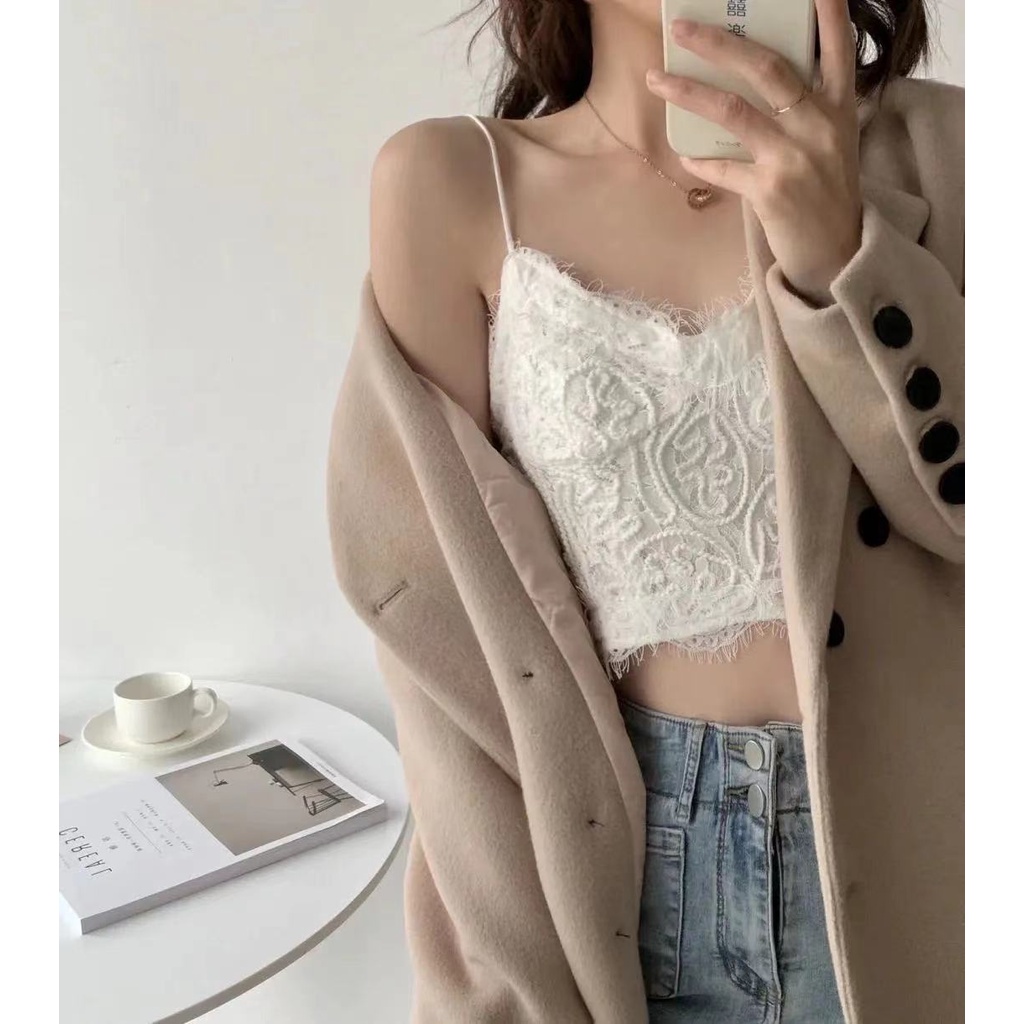Áo croptop 2 dây phối ren cổ tim thời trang đi biển Hàn Quốc quyến rũ 4 màu tùy chọn