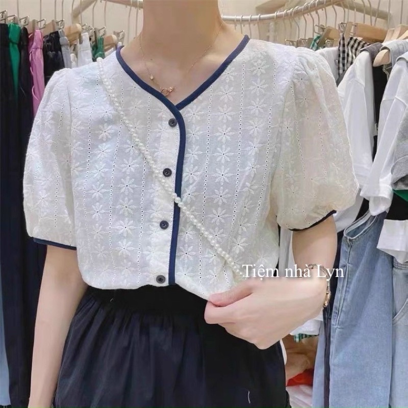 Áo sơ mi cộc tay nữ in hoạ tiết/Áo sơmi kiểu bo chun ống tay