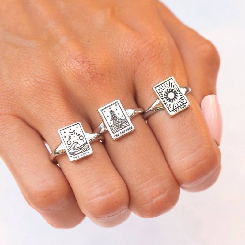 ✿ Nhẫn Khắc Hình Mặt Trời Mặt Trăng / Cung Hoàng Đạo May Mắn Phong Cách Vintage