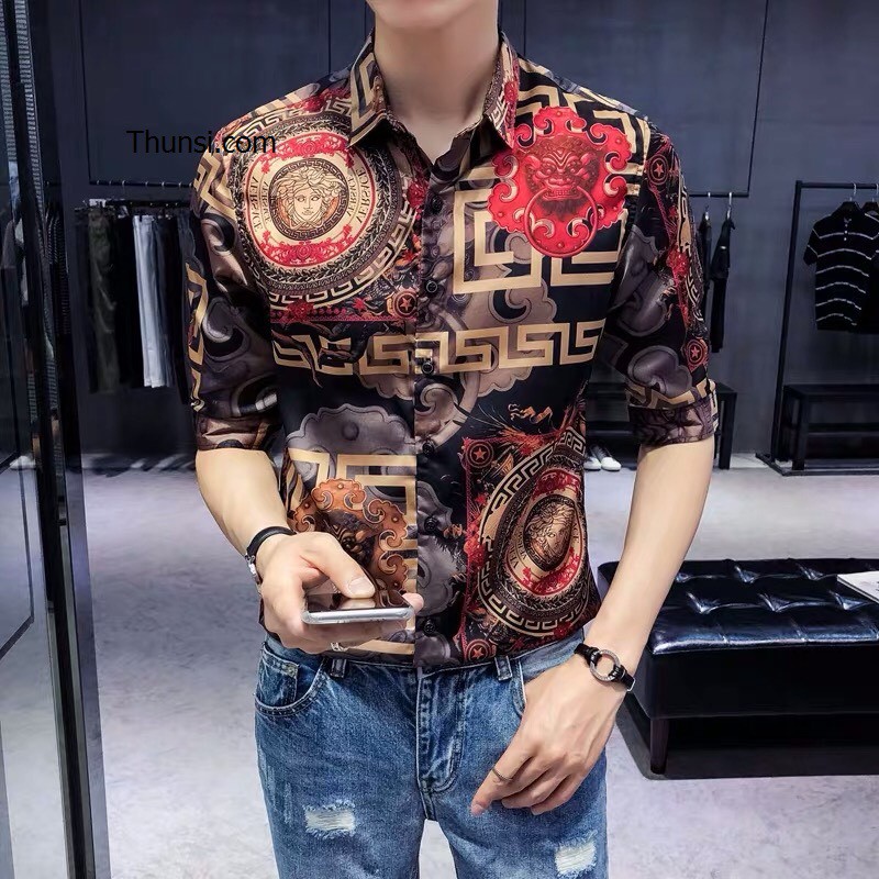 Áo Sơ Mi Nam XuMon Chất Lụa Quảng Châu Dài Tay Cổ Bẻ Họa Tiết Hoa Văn ĐỎ Hàng Xưởng Tận Gốc Mẫu Cá Tính TWO