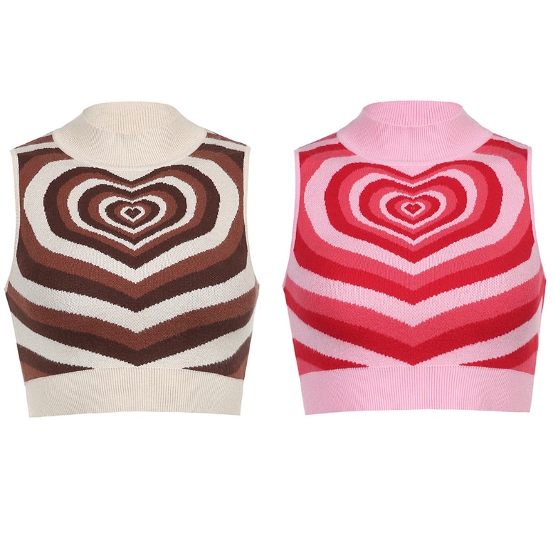 Áo Croptop Dệt Kim Sát Nách Cổ Lọ Màu Sắc Tương Phản In Họa Tiết Trái Tim Thời Trang Mùa Hè Cho Nữ