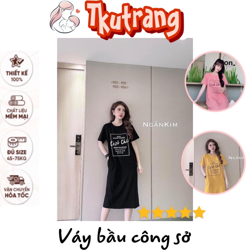 Váy Bầu suông - Đầm suông Chất cotton CEST CHIC from rộng dáng dài Có Size Tới 75Kg