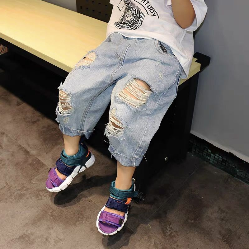 Quần Jean rách Dài 7 phân cho bé trai bé gái Dáng Rộng Vải Mỏng Thời Trang Mùa Hè,Quần Jean cho bé trai và bé gái mặc siêu xinh