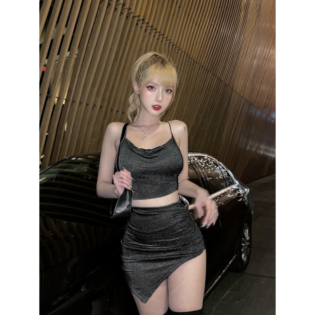 Chân váy nhún sexy 1412 + Crop 2 dây cổ đổ 1407