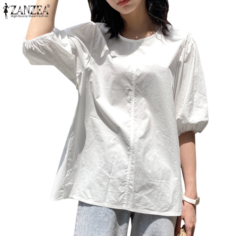 Áo kiểu ZANZEA tay phồng cổ tròn hở lưng phối dây rút thời trang dành cho nữ