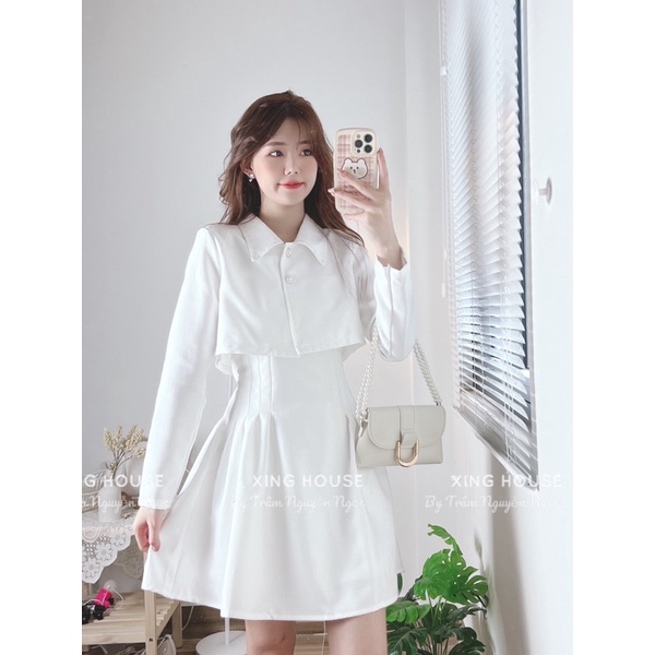SET ĐẦM DẠ TRẮNG KÈM ÁO KHOÁT CROPTOP ĐẦM ĐI TIỆC SANG CHẢNH TIỂU THƠ