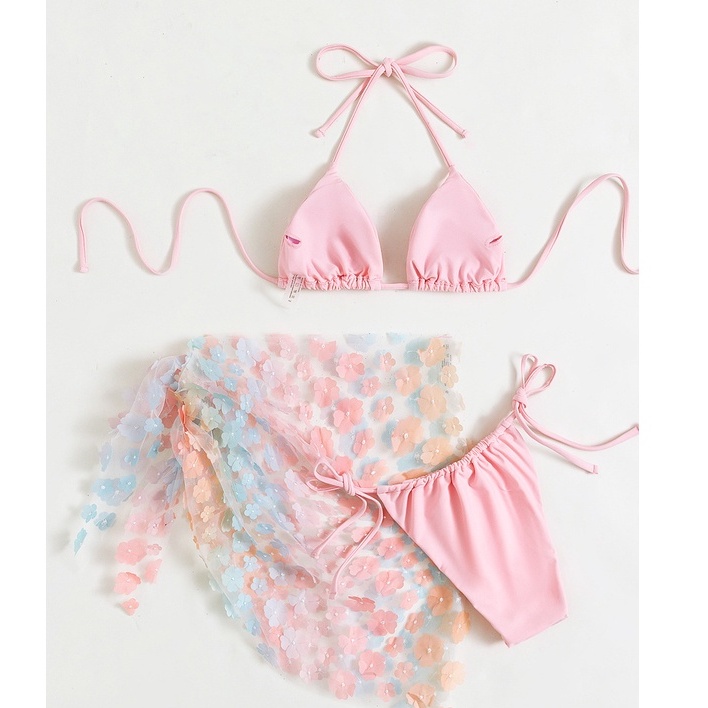 SET BIKINI 3 MÓN HỒNG BABY KÈM KHĂN HÔNG HỒ ĐIỆP OMBRE