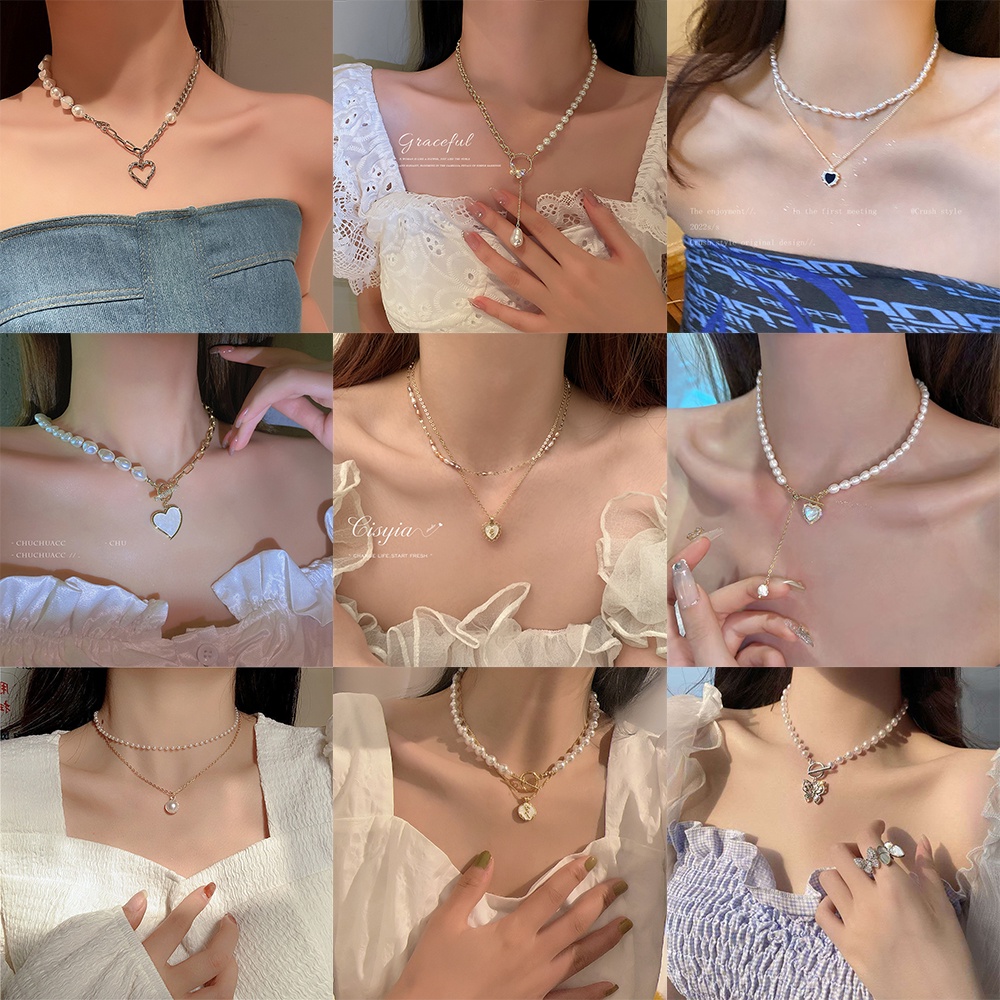 Vòng cổ choker 17KM phối ngọc trai nhân tạo mặt hình hoa tulip trái tim thanh lịch