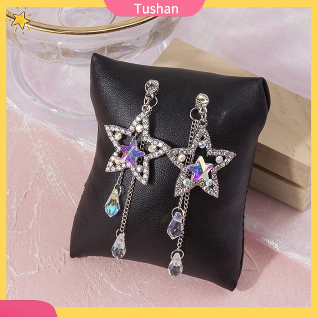 TUSH_Women Cubic Zirconia Inlaid Star Chain Tassel Dangle Stud Earrings Jewelry Gift