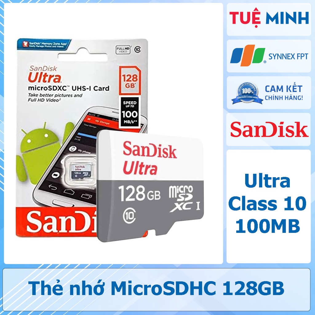 Thẻ nhớ MicroSD 128GB SanDisk Ultra Class 10 100MB - Hàng chính hãng phân phối