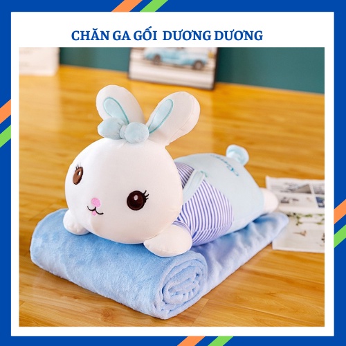 Bộ chăn gối văn phòng đa năng đi xe đi học mẫu thỏ xanh thỏ hồng