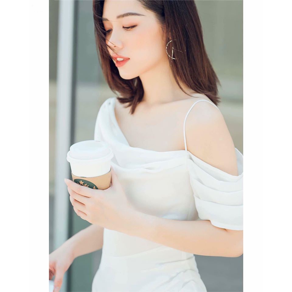 Đầm 2 dây rớt vai lệch tông trắng thướt tha dịu dàng | BigBuy360 - bigbuy360.vn