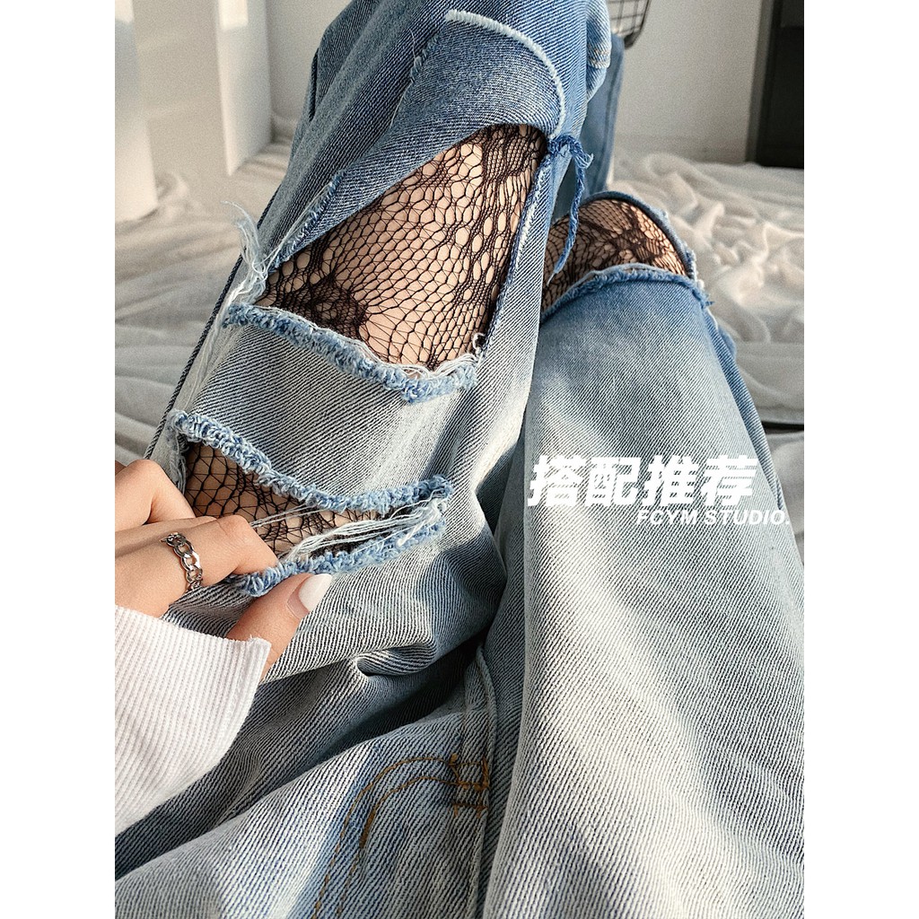 Quần Jean Nữ Lưng Cao Ống Rộng Thiết Kế Rách Gối Thời Trang | BigBuy360 - bigbuy360.vn