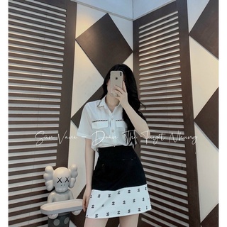 Set cha nel áo khuy vàng nắp hộp tag x mix chân váy