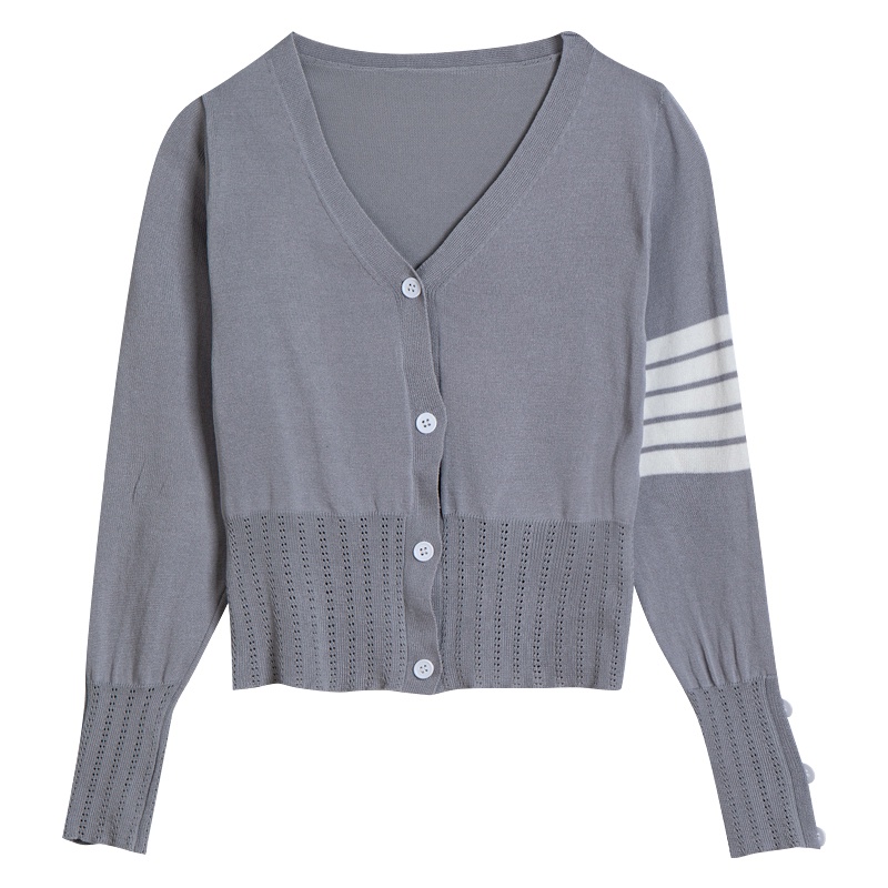 Áo cardigan len trơn kẻ ngang tay dài cài cúc cổ V dáng ngắn | BigBuy360 - bigbuy360.vn