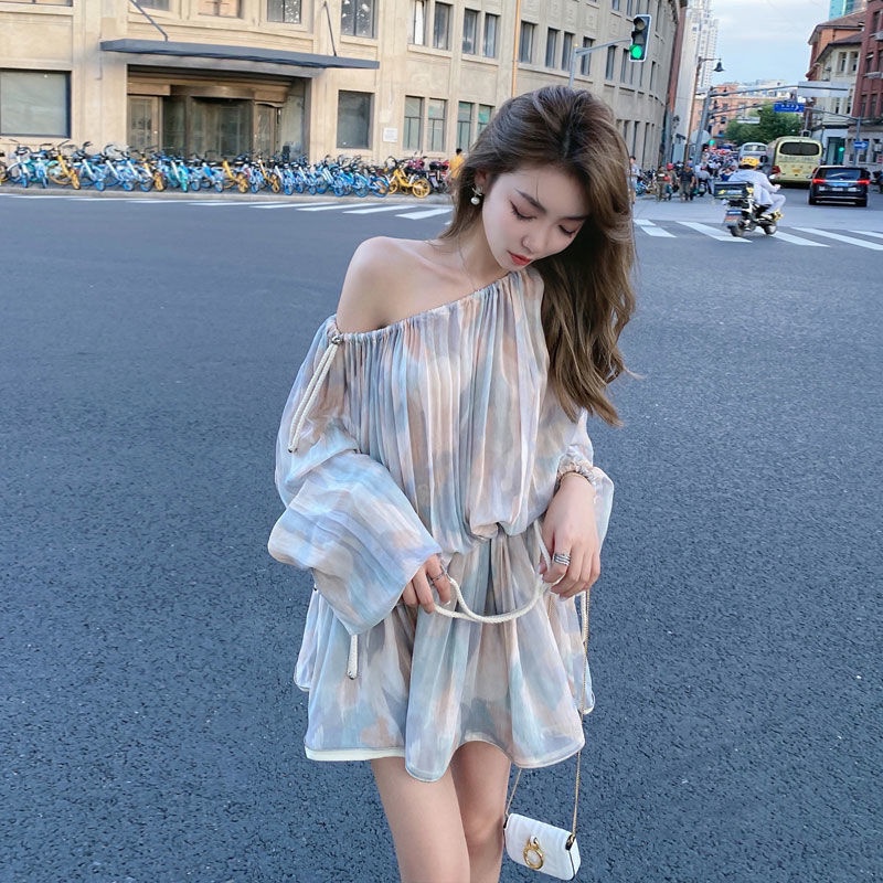 Đầm Ngắn Trễ Vai Thiết Kế Xếp Ly Thời Trang Xuân Hè Cho Nữ