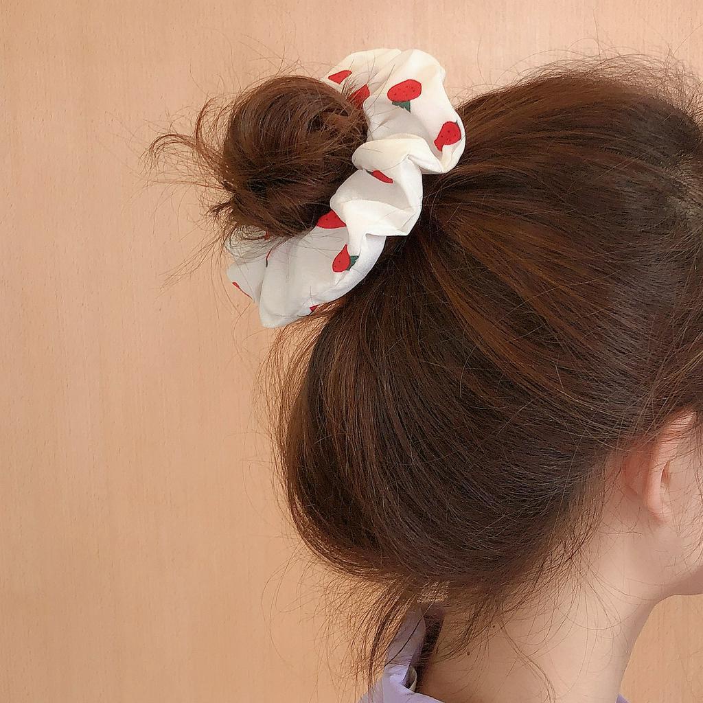 Dây buộc tóc chiffon họa tiết trái dâu phong cách Hàn Quốc dành cho nữ