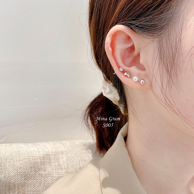 Bông tai khuyên tai bạc 925 nữ điệu xinh xắn khuyên nụ Mina Gram