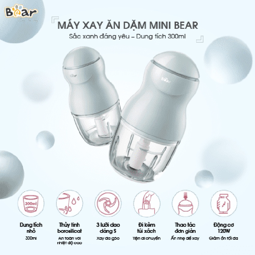 Máy Xay Thịt Xay Đồ Ăn Dặm Mini Bear 0.3L và 0.6L (Hàng chính hãng 1 đổi 1 trong 30 ngày, bảo hành 18 tháng)