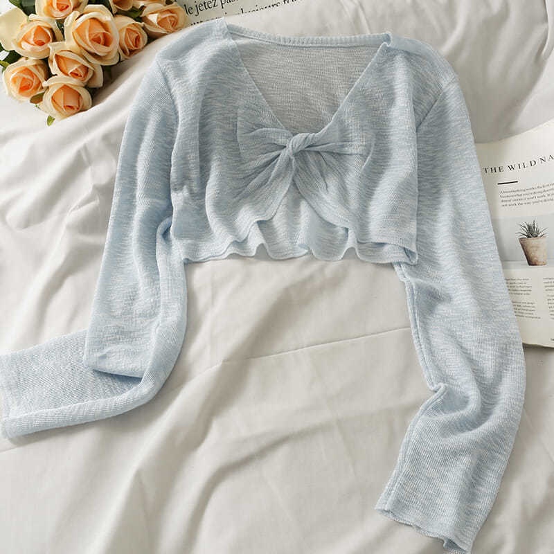 Áo Dệt Kim Mỏng Tay Dài Cổ Chữ V Thiết Kế Thắt Nút Trong Suốt Phong Cách Hàn Quốc Cho Nữ