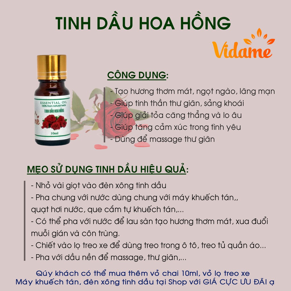 COMBO 2 LỌ 10ML _ Tinh Dầu Hoa Hồng VIDAME - Hương thơm dịu nhẹ, quyến rũ