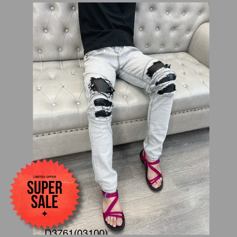 Quần jean bạc vá da nhăn phối khoá zip,quần bò màu bạc vá da nhăn phối khoá