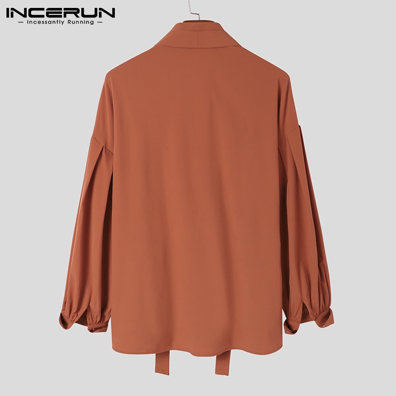 Áo sơ mi INCERUN tay dài phồng dáng rộng phối ruy băng phong cách xuân thu cho nam