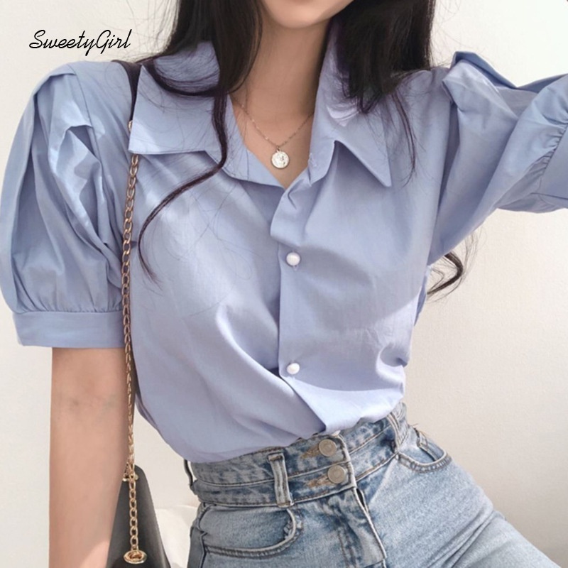 Áo Sơ Mi Tay Phồng Ngắn Cổ Bẻ Cài Nút Màu Trơn 2022 Thời Trang Cho Nữ