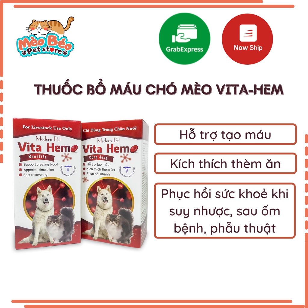 Bổ máu cho chó mèo VITA-HEM hỗ trợ tạo máu kích thích thèm ăn - chai 100ml