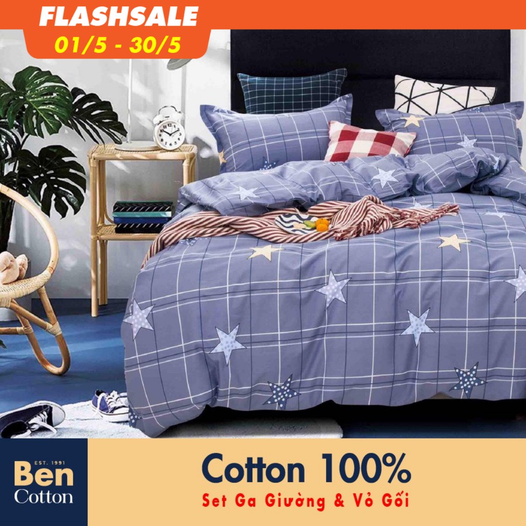 [FREESHIP] Bộ Ra Giường & Vỏ Gối Cotton 100% Nam Nữ 1 Tấc 2 Tấc - CH-844 1m6 1m8 - BENCOTTON Caro Ca Rô Ngôi Sao Màu Xám