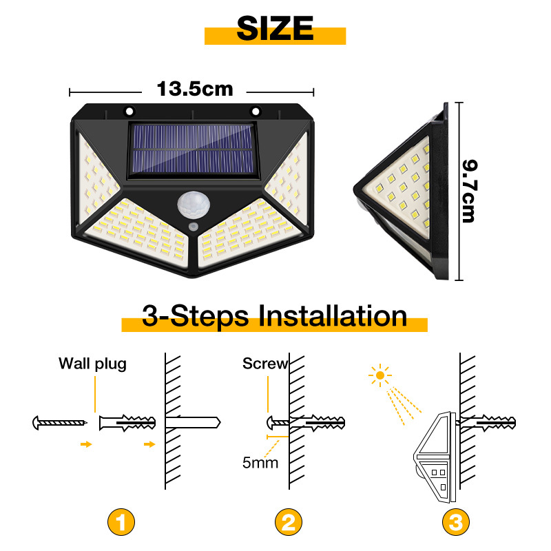 Đèn led gắn tường 100 bóng sử dụng năng lượng mặt trời cảm biến chuyển động chống nước ngoài trời kèm phụ kiện