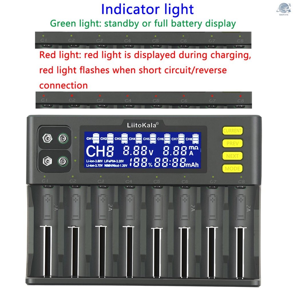 Bộ sạc pin Liitokala Lii-S8 Li-Ion 3.7v Nimh 1.2v Li-Fepo4 3.2v Imr 3.8v dành cho 18650 26650 21700 26700 AA AAA