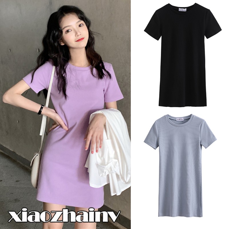 Đầm ngắn tay màu trơn thiết kế đơn giản cho nữ