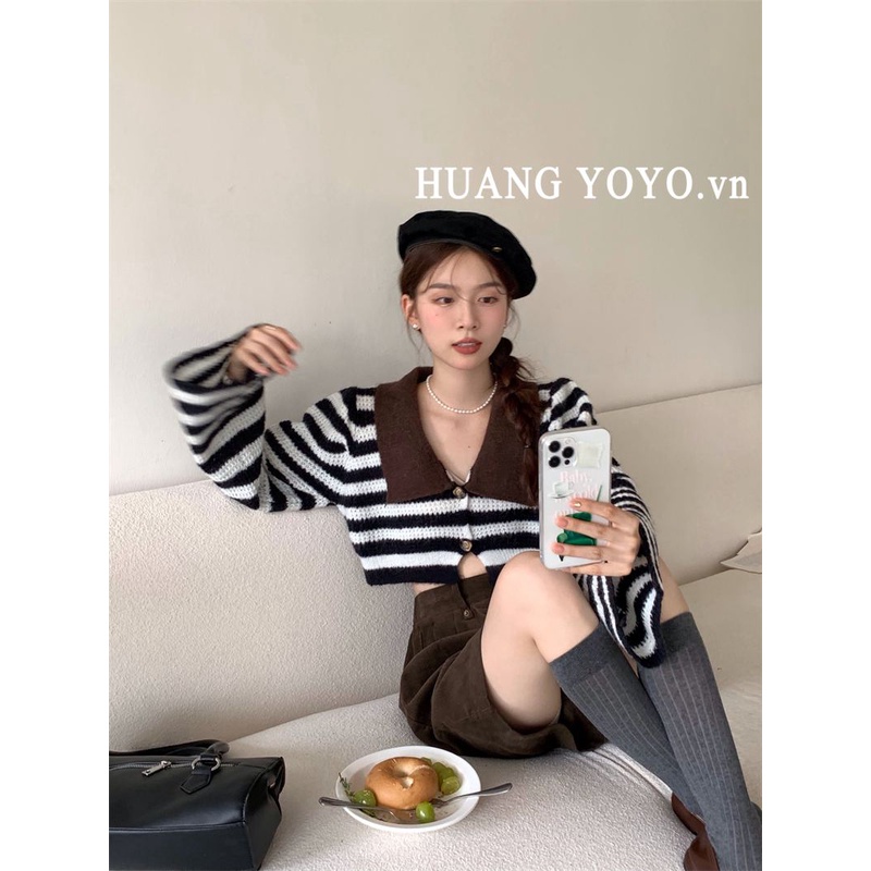 kumikumi Áo Khoác cardigan Họa Tiết Kẻ Sọc Màu Sắc Tương Phản Phong Cách Hàn Quốc Thời Trang Cho Nữ