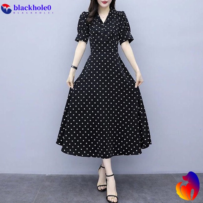 BH Summer Slim V-neck A-line Dress Simple Dot Flare Sleeves Middle Long Causal Dress