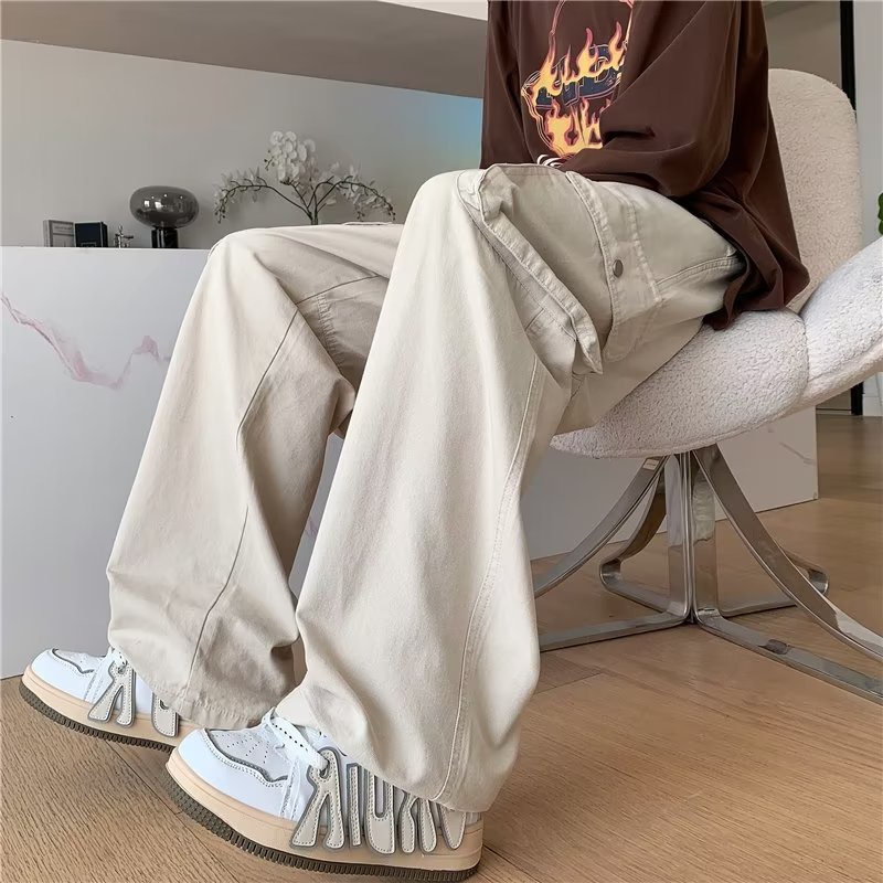 Quần Dài Ống Rộng Lưng Thấp Phối Túi Lớn Phong Cách Hàn Quốc Thời Trang Cho Nam Và Nữ