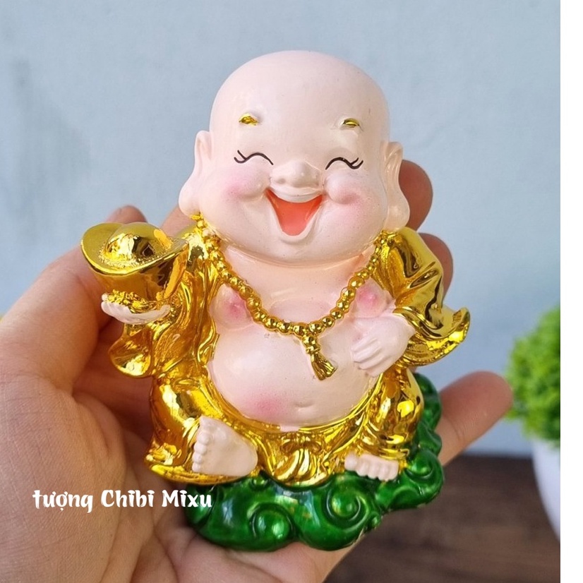 Tượng Di Lặc xi vàng cầm thỏi vàng 9cm hàng Việt Nam