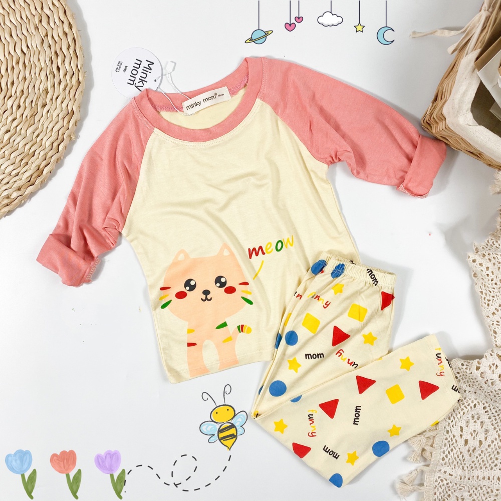 Bộ dài tay thun lạnh cổ tròn in hình động vật đáng yêu cho bé trai và bé gái  8-18kg