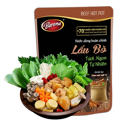 Combo 1 hộp (10 gói) Nước Dùng Lẩu Bò Barona 164g tươi ngon chuẩn vị không cần nêm nếm