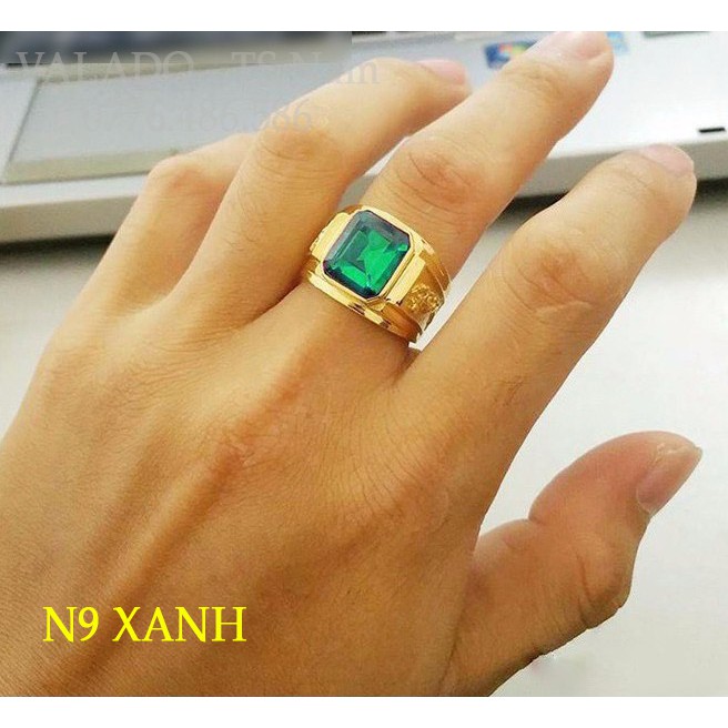 Nhẫn nam chạm rồng mạ vàng 24k, mặt đá Xanh N9