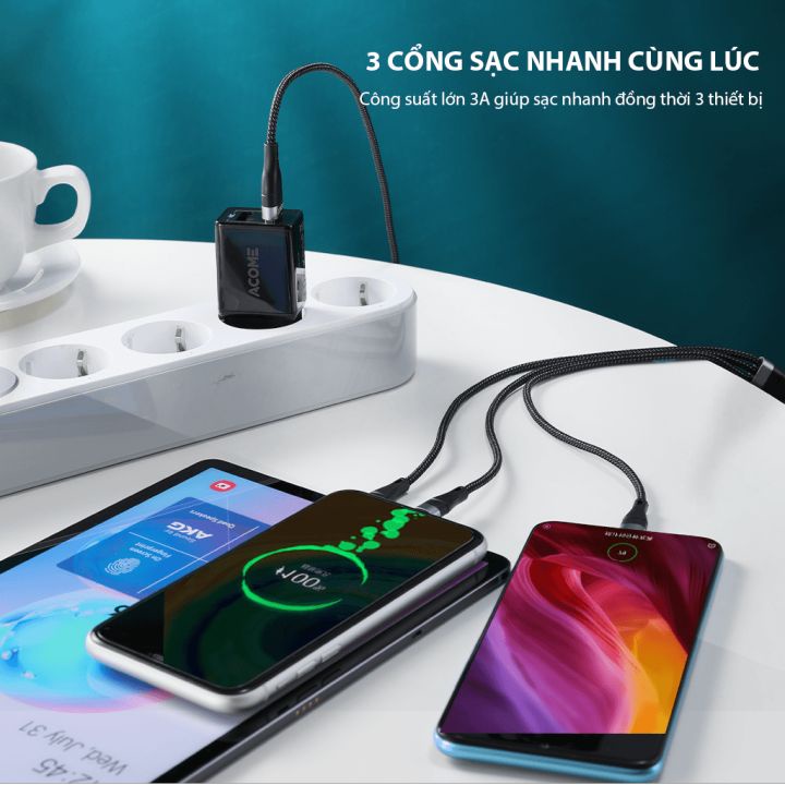 Cáp Sạc Nhanh Đa Năng 3 Trong 1 ROBOT RYT120 Chất Liệu Dây Bện Dù Chiều Dài 1.2m Hàng Chính Hãng