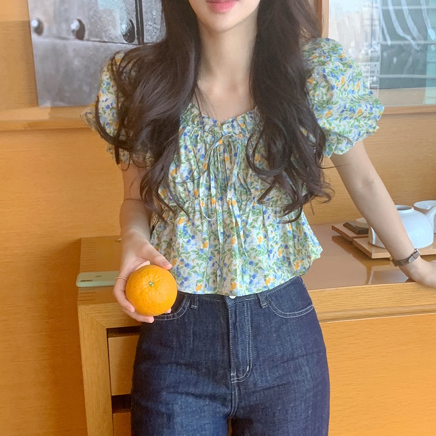 Áo SUXI tay ngắn cổ chữ V in hoa phong cách Hàn Quốc cổ điển