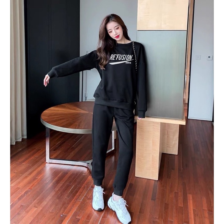 Set bộ nỉ bông nữ áo dài in chữ kèm quần jogger mùa thu đông phong cách thể thao