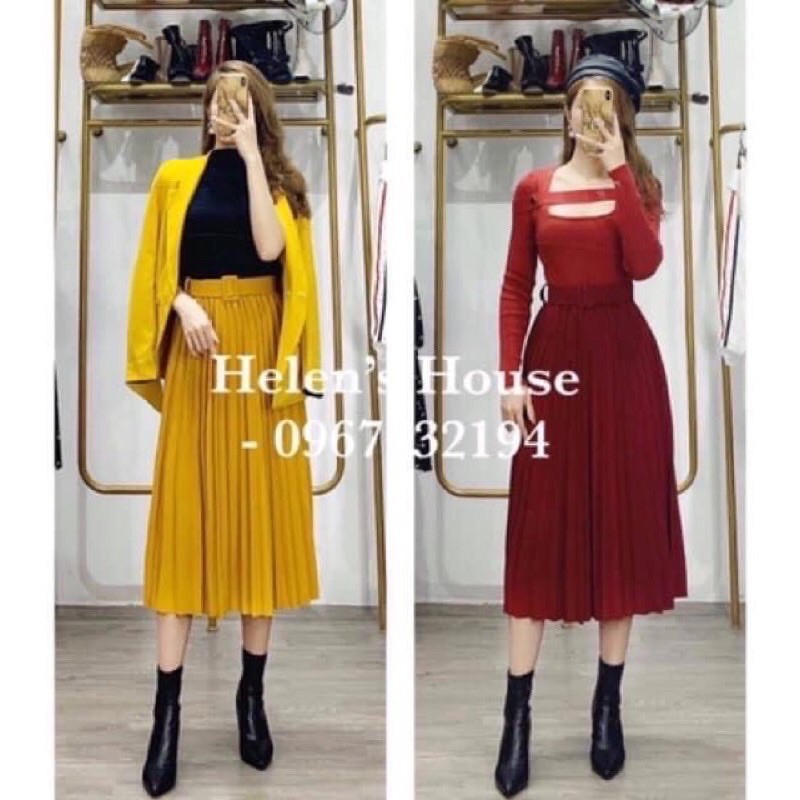 Chân Váy Xếp Ly Dài Kèm Đai Hàng QC