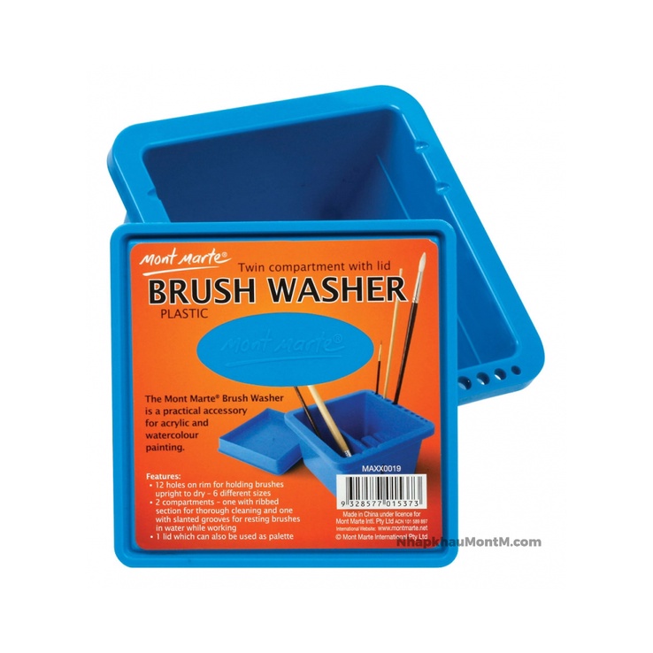 Hộp Xô Nhựa Cắm Và Rửa Cọ Bút Mont Marte Đa Năng 2 Ngăn Vuông Brushwasher Twin Compartment Square Plastic