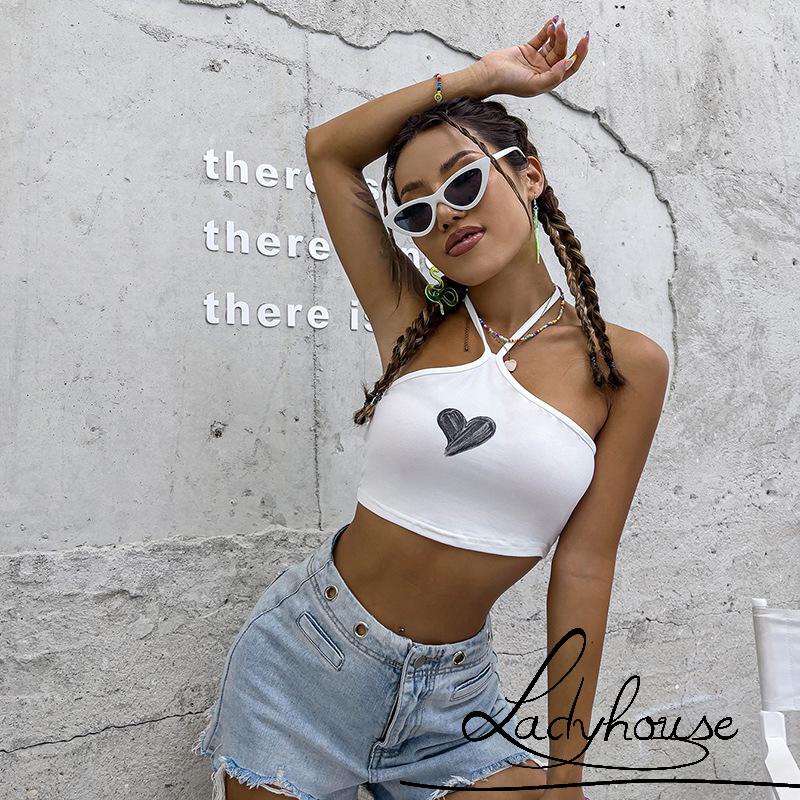 LDD-Women Fashion Tank Tops Heart Print Tie-Up Halter Vest Summer Casual Backless Exposed Navel Crop Tops